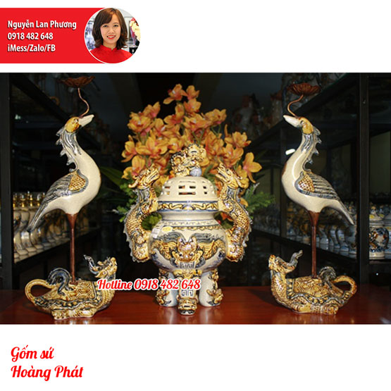 Bộ đỉnh hạc sứ men rạn đắp nổi