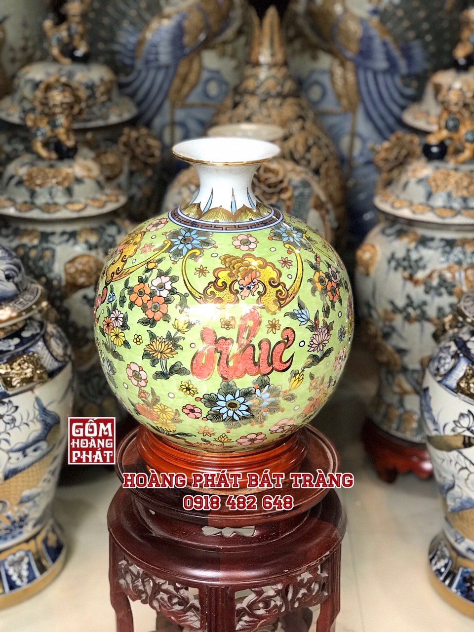 Bình hút tài lộc Vạn sư như ý liên hoa vẽ vàng kim cao cấp H35cm BHL80 2