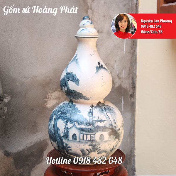 Hồ lô phong thủy men rạn 55cm, hồ lô vẽ cảnh Sơn thủy 10L