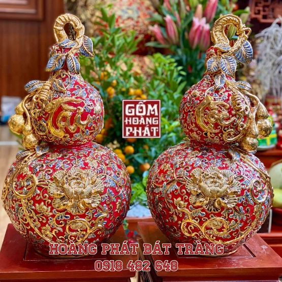 Cặp hồ lô tài lộc hoa dây nền đỏ vàng kim cao cấp