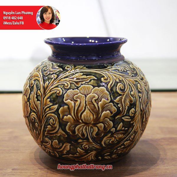 Bình hoa men Hoàng Thổ khắc phù dung nổi 22cm