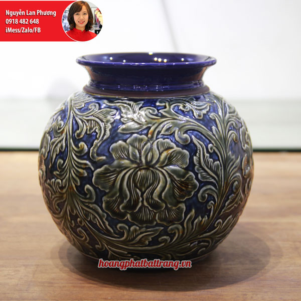Bình hoa men Hoàng Thổ khắc phù dung nổi 22cm