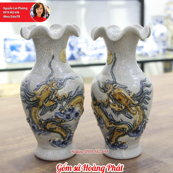 Lọ hoa thờ men rạn Rồng nổi cao 22cm