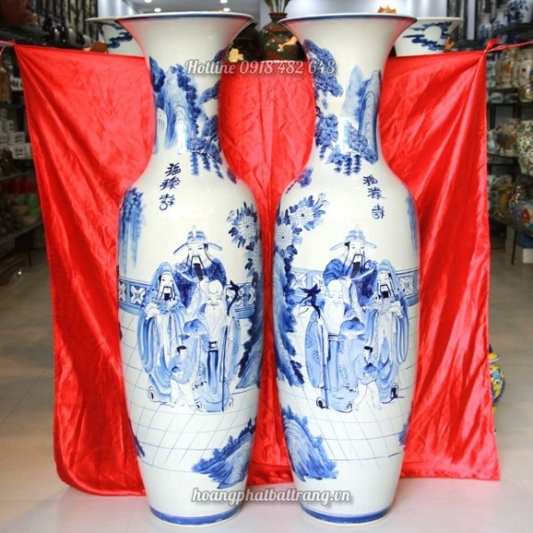 Lộc bình sứ Phúc Lộc Thọ men lam 1m4