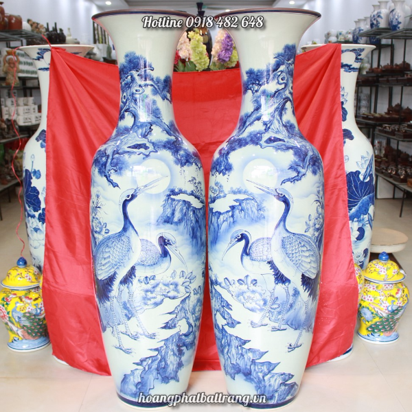 Lộc bình Song hạc men lam vẽ kỹ 1.6m SP568