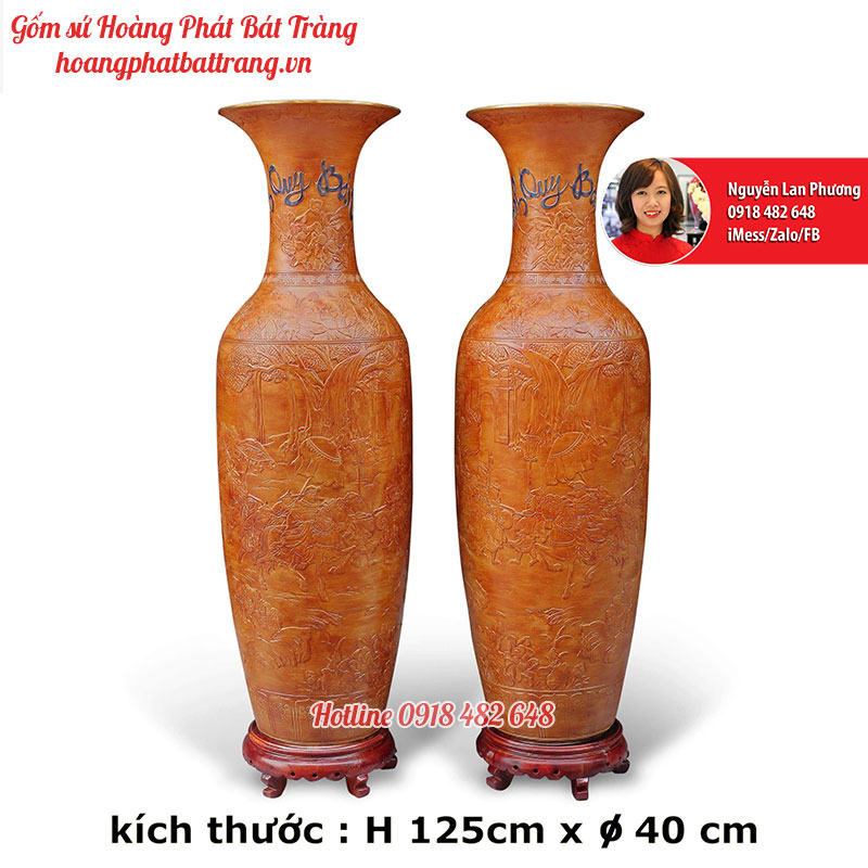 Lục bình sứ Vinh Quy Bái Tổ gãi tay 100%, men giả gỗ cực độc