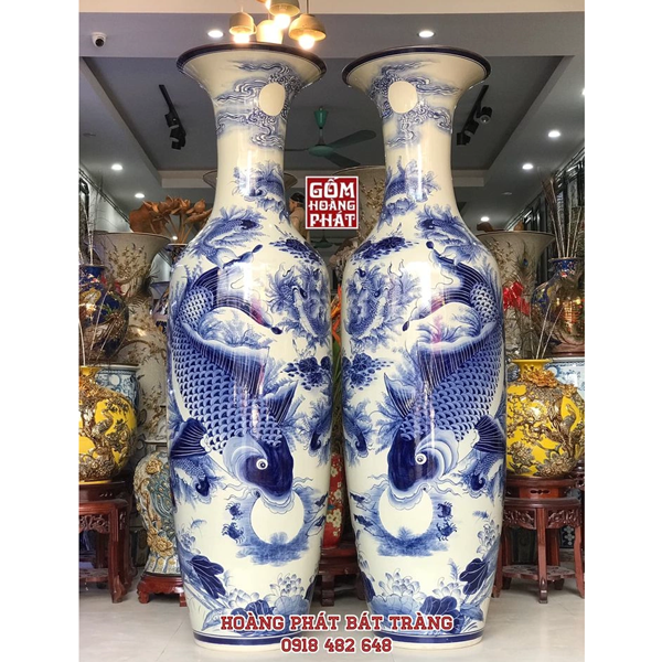 Lục bình sứ Lý ngư vọng nguyệt men lam vẽ kỹ Bát Tràng 1m6 LB66 46
