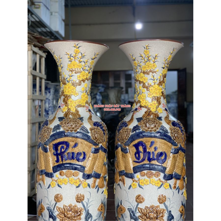 Lục bình sứ Phúc Đức mai vàng men rạn đắp nổi cao cấp 1m4