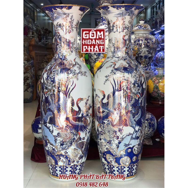 Lục bình sứ Bách hạc đồ đầu đỏ vẽ kỹ vàng kim cao cấp KT1.35 LBVV024