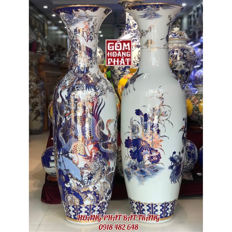 Lục bình sứ Bách hạc đồ đầu đỏ vẽ kỹ vàng kim cao cấp KT1.35 LBVV021