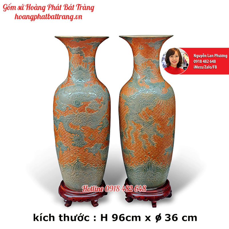 Lục bình sứ Bát Tràng Rồng Phượng men nâu - ngọc cực chất