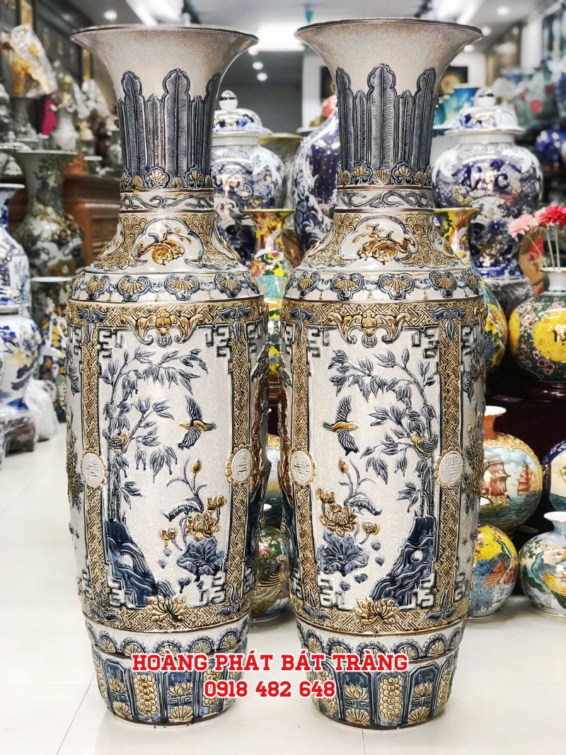 Lục bình sứ tứ quý men rạn đắp nổi cao cấp 1m4 LBMRDN05