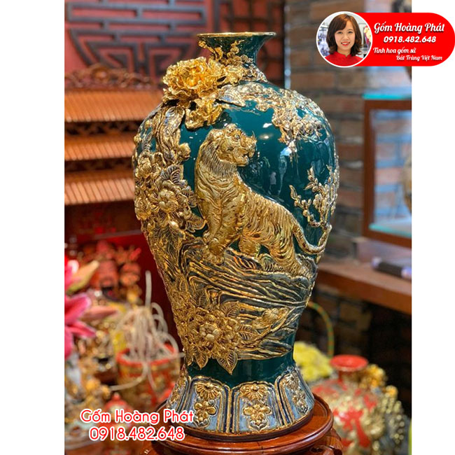 Mai bình hổ phách đắp nổi dát vàng cao cấp men xanh