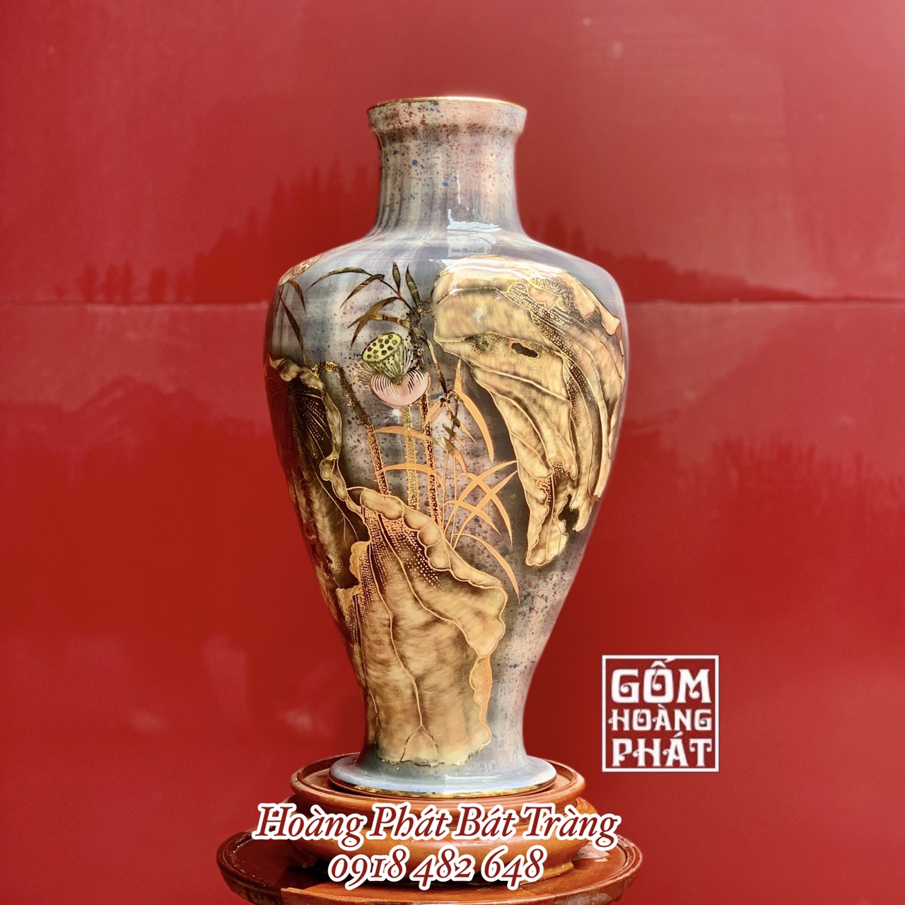 Thạp vuốt tay hoa sen vẽ vàng 24k 2