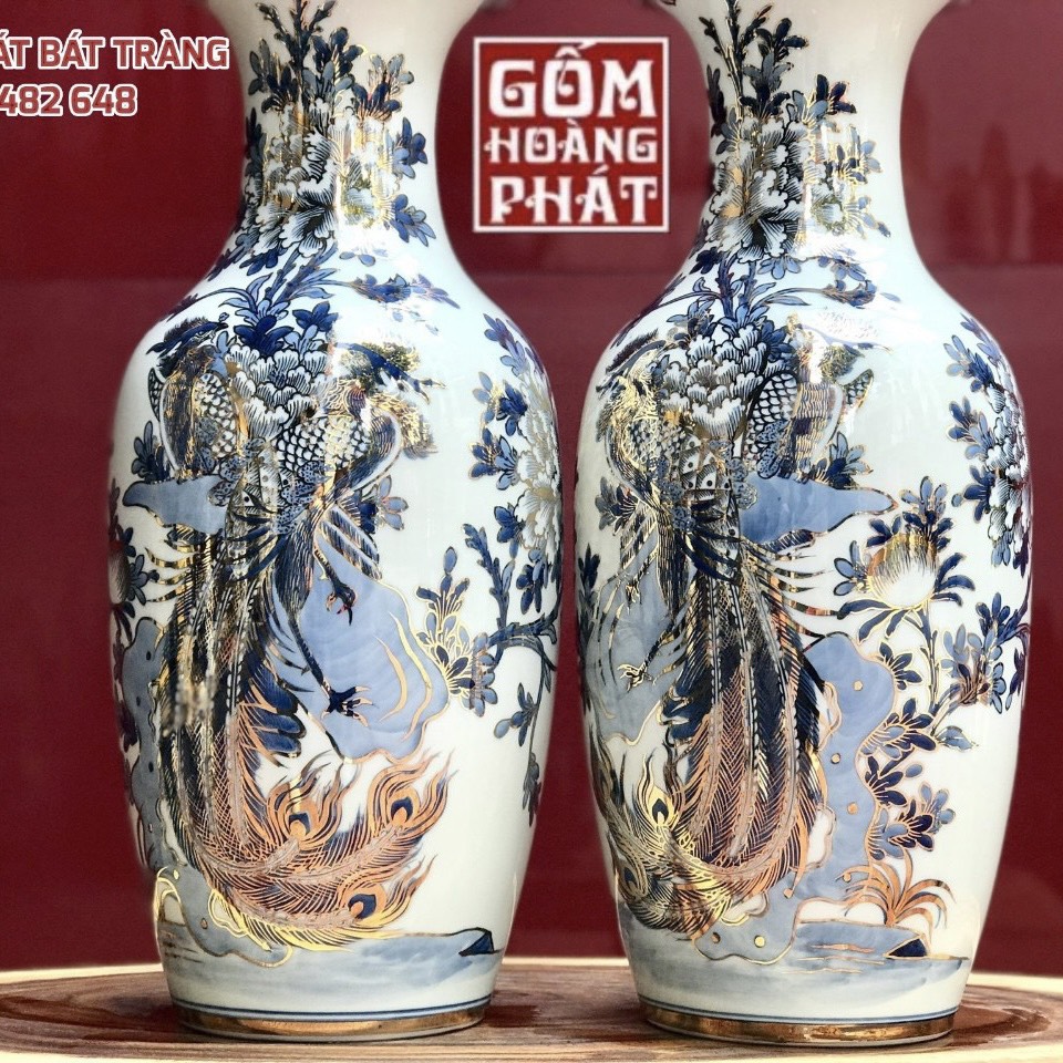 Tiểu lục bình chim trĩ phù dung vàng kim cao cấp Bát Tràng cao 52cm TLB20 1