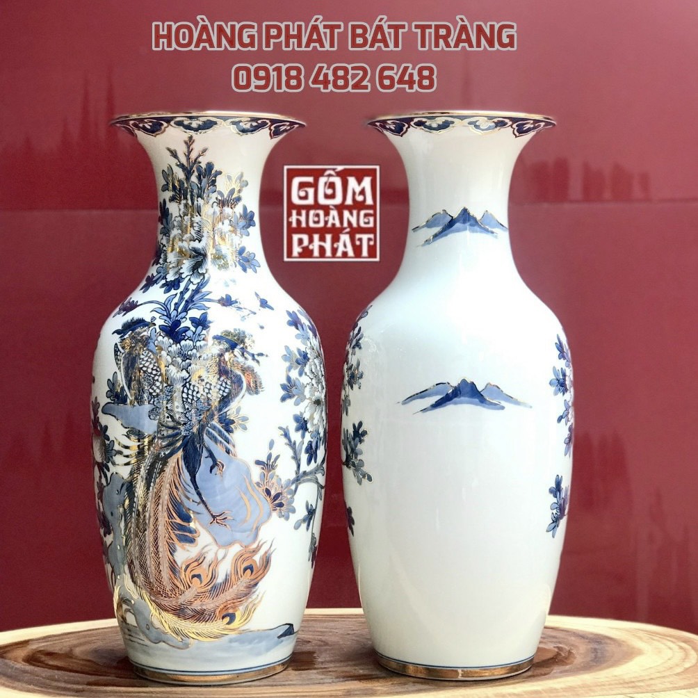 Tiểu lục bình chim trĩ phù dung vàng kim cao cấp Bát Tràng cao 52cm TLB20 2