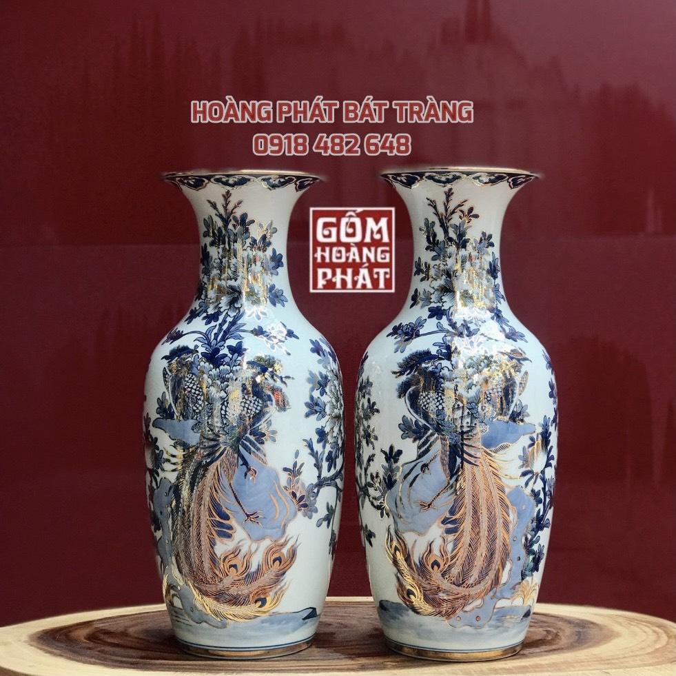 Tiểu lục bình chim trĩ phù dung vàng kim cao cấp Bát Tràng cao 52cm TLB201