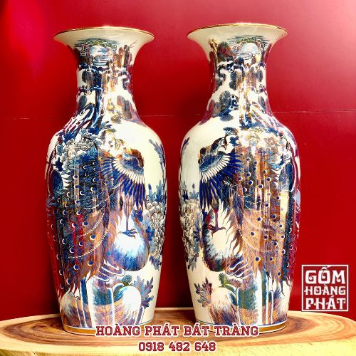 Tiểu lục bình sứ công đào phú quý vàng kim cao cấp Bát Tràng H62cm TLBVV03 1