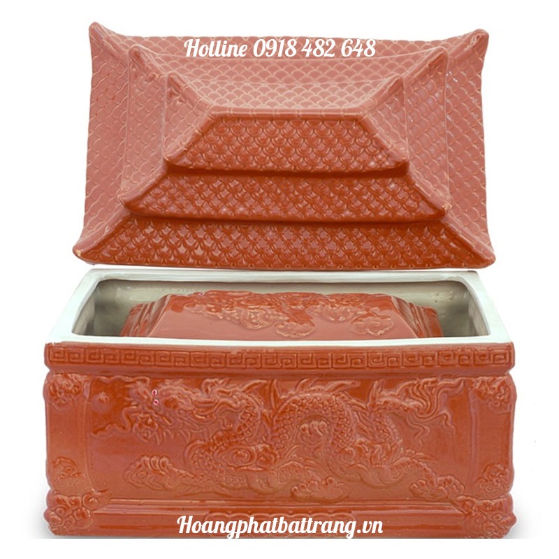 Tiểu quách đựng tro rồng nổi mái chùa men nâu tây QTRO6