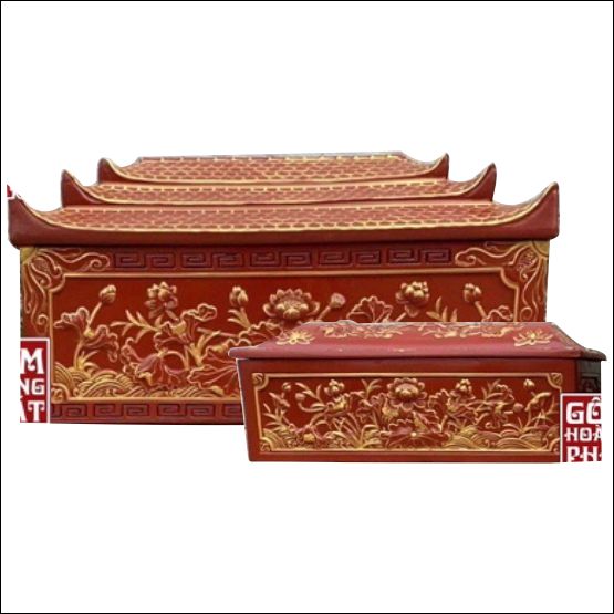 Quách tiểu sành đỏ 3 mái chùa sen vẽ nhũ vàng