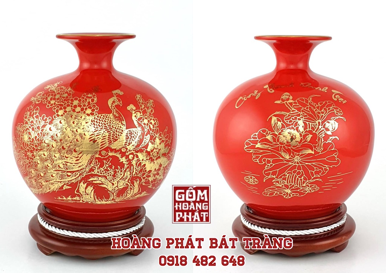 Bình hút tài lộc công đào phú quý màu đỏ vàng kim H30cm - ĐK 26.5cm