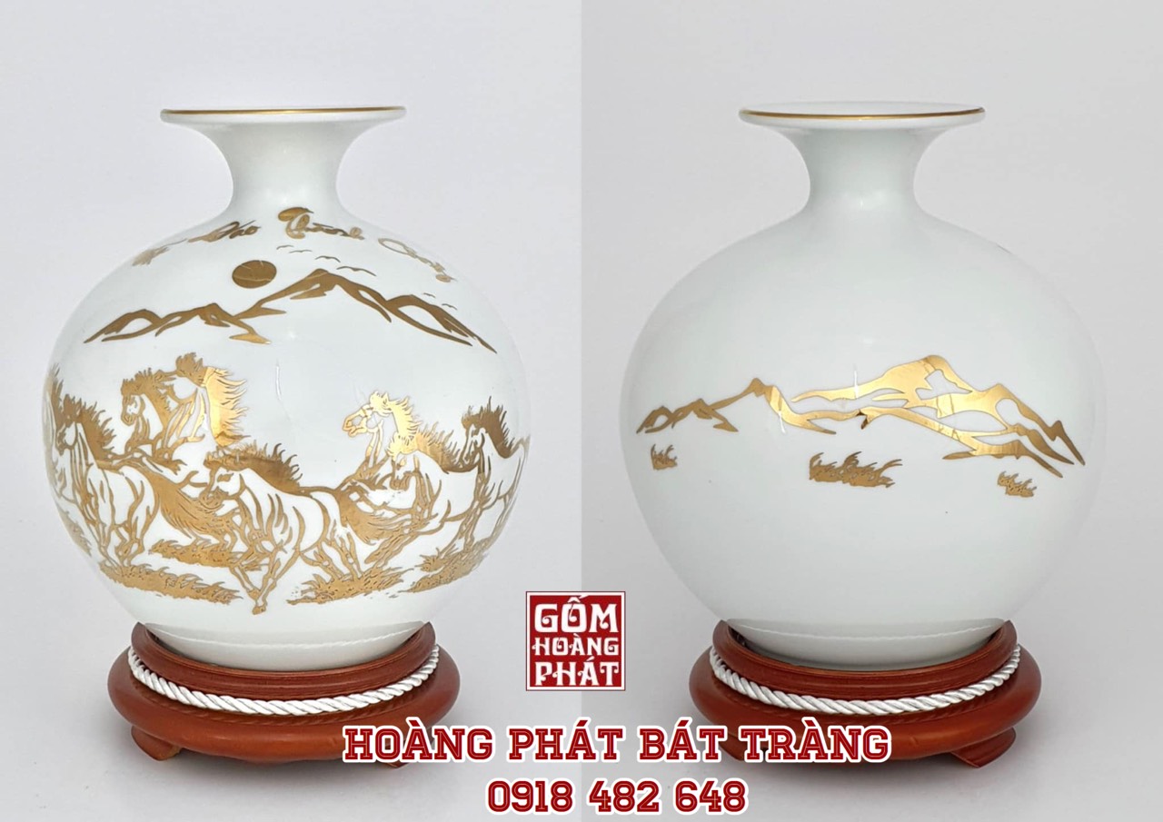 Bình hút tài lộc Bát mã truy phong màu trắng vàng kim H22cm - ĐK 19.5cm