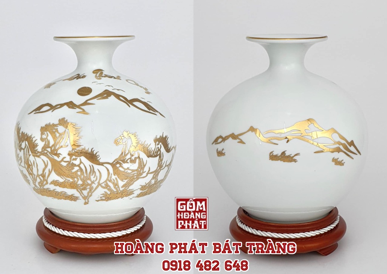 Bình hút tài lộc Bát mã thành công màu trắng vàng kim H26cm