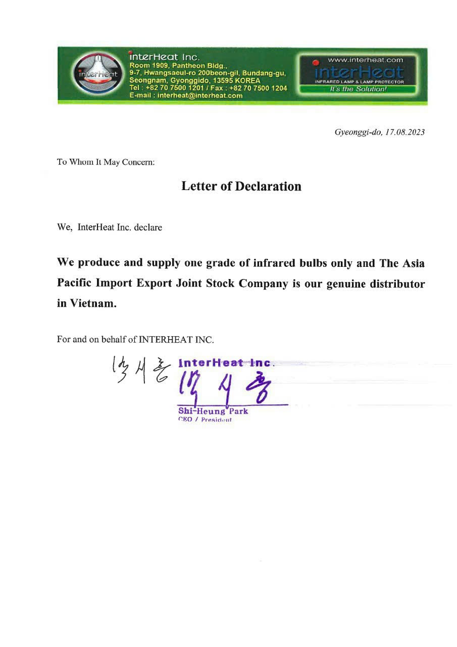Bản công bố hàng chính hãng Interheat và nhà phân phối tại Việt Nam Bản công bố hàng chính hãng Interheat và nhà phân phối tại Việt Nam
