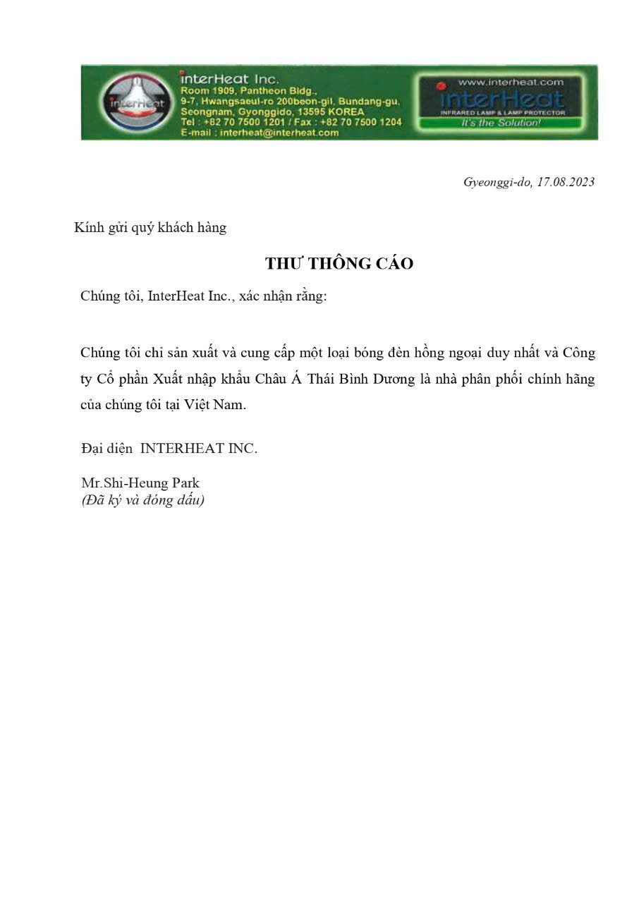 Bản công bố hàng chính hãng Interheat và nhà phân phối tại Việt Nam Bản công bố hàng chính hãng Interheat và nhà phân phối tại Việt Nam