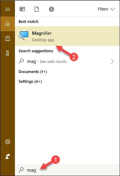 Tìm kiếm tính năng Magnifier bằng công cụ tìm kiếm