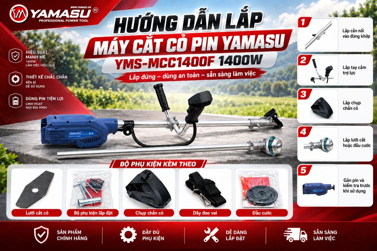 Hướng dẫn lắp máy cắt cỏ pin Yamasu YMS-MCC1400F