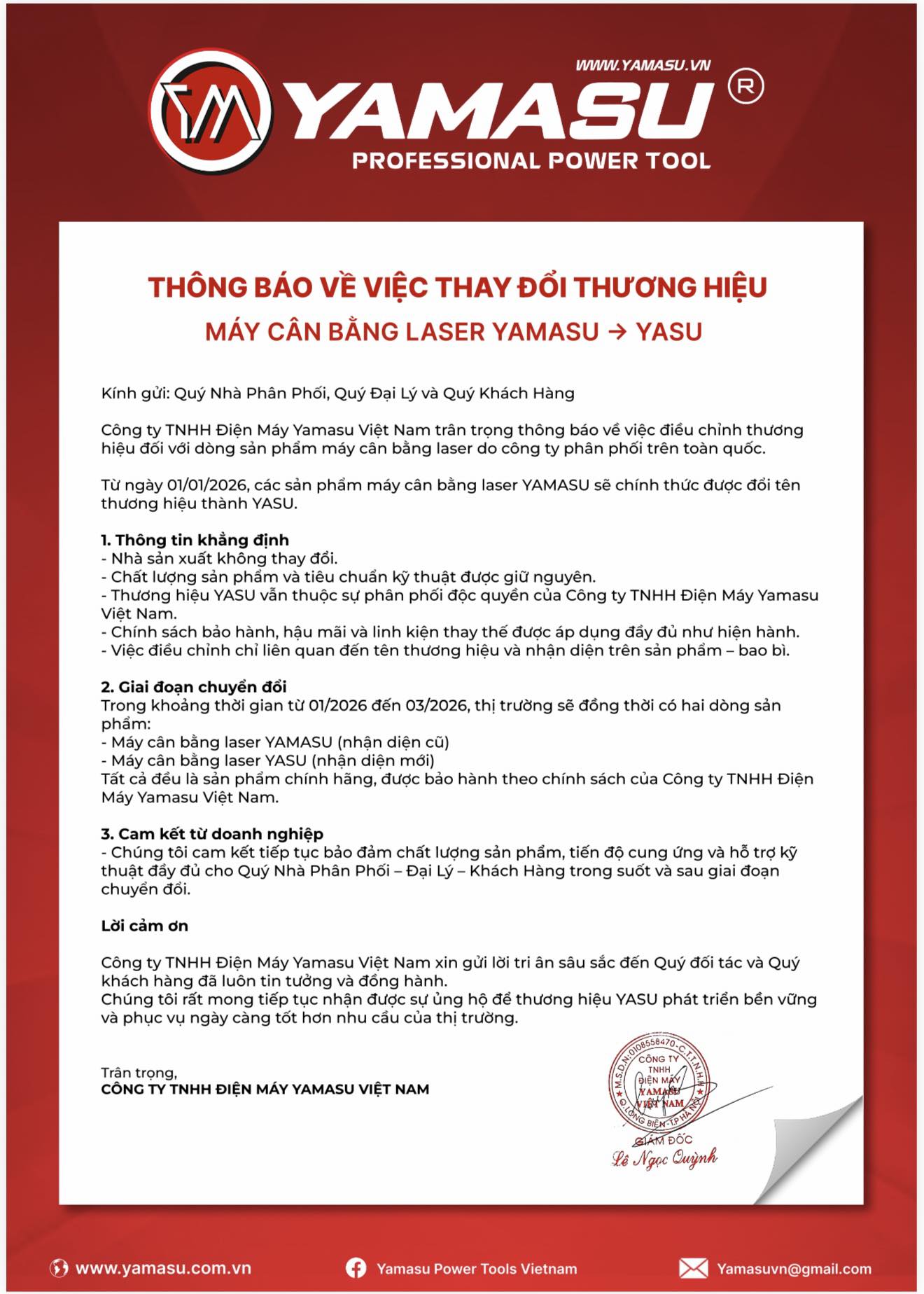 THÔNG BÁO THAY ĐỔI THƯƠNG HIỆU MÁY CÂN BẰNG LASER YAMASU - YASU - 1