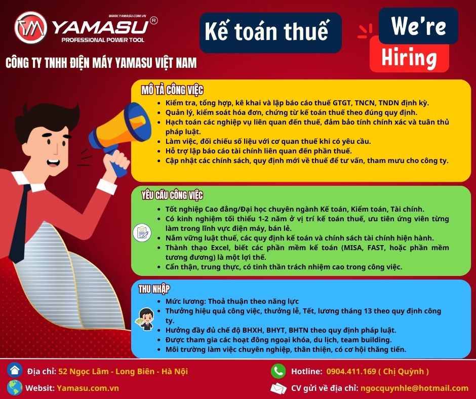 Tuyển nhân viên kế toán thuế YAMASU