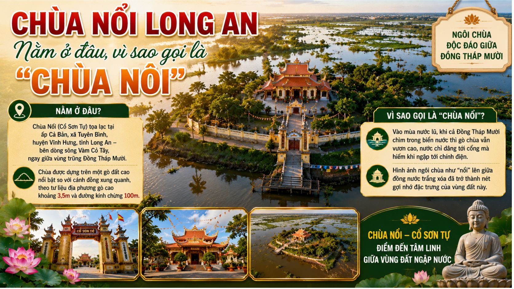 Chùa Nổi Long An nằm ở đâu, vì sao gọi là 'chùa nổi'?