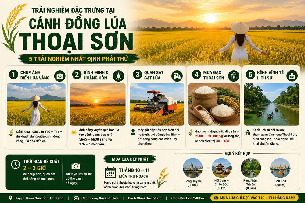 Trải nghiệm đặc trưng tại cánh đồng lúa Thoại Sơn
