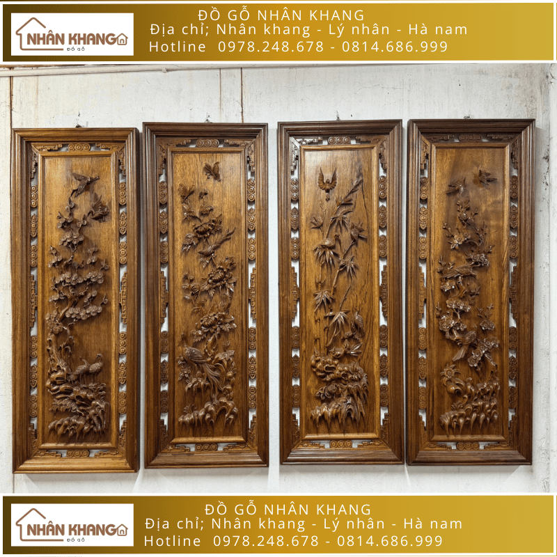 Tranh Tứ Quý Tùng Cúc Trúc Mai Gỗ Gụ
