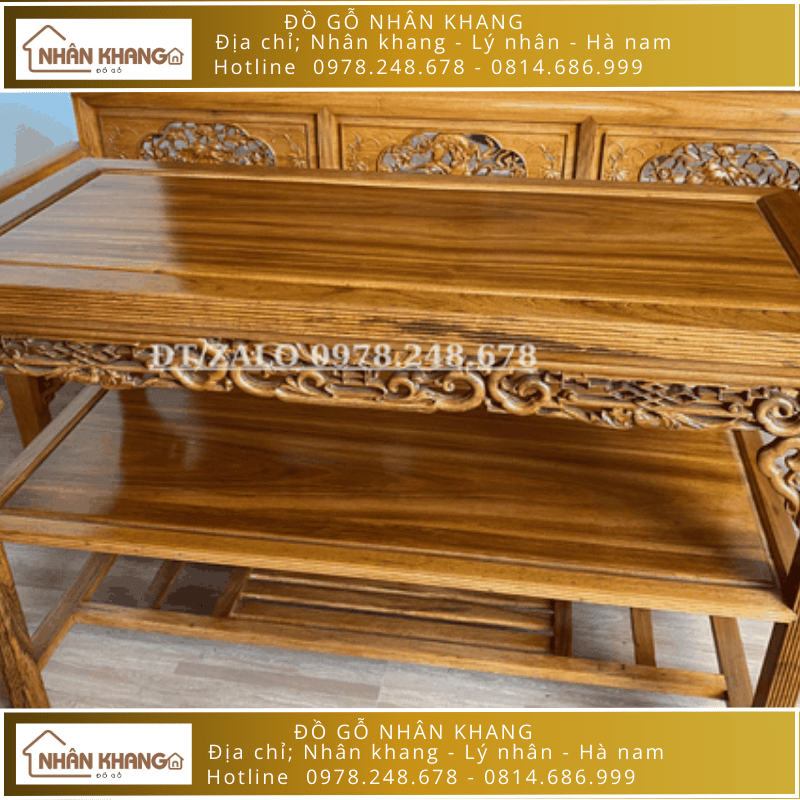 Bộ Trường Kỷ Gỗ Gụ Lào 9 Chỉ 197 Đục sen cò