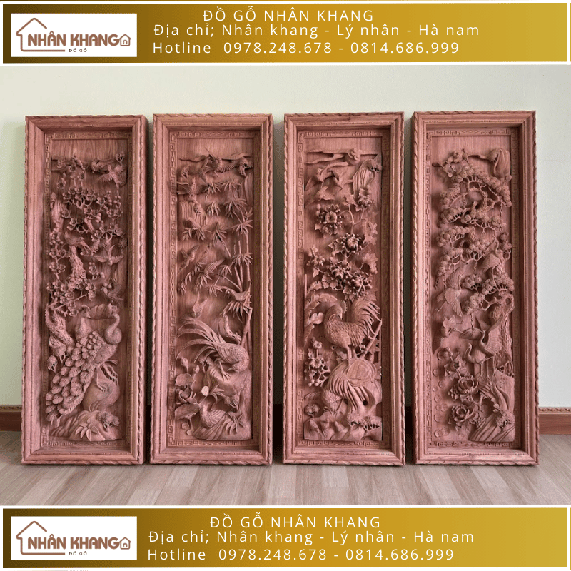 Tranh Tứ Quý Tùng Cúc Trúc Mai Gỗ Hương