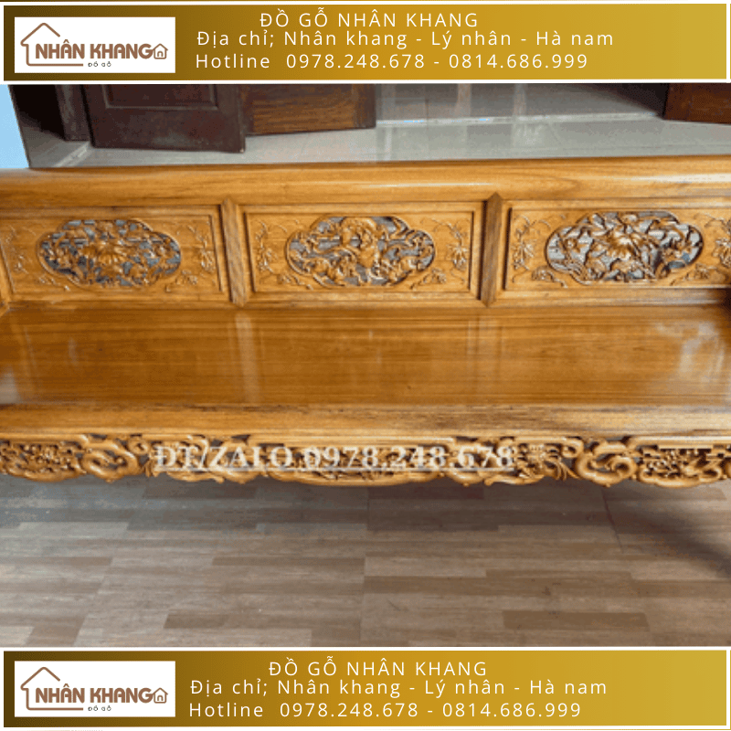 Bộ Trường Kỷ Gỗ Gụ Lào 9 Chỉ 197 Đục sen cò