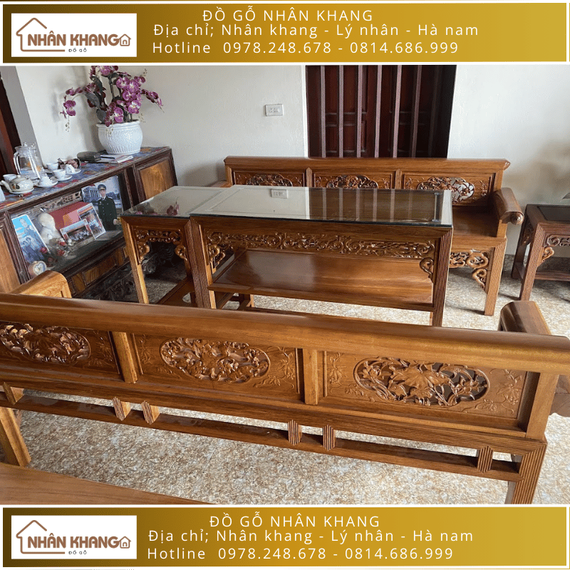 Bộ Trường Kỷ Gỗ Gụ Lào 9 Chỉ 197 Đục sen cò
