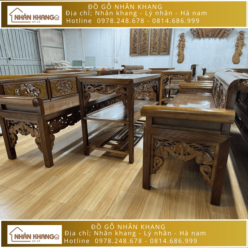 Bộ Trường Kỷ Gỗ Gụ Lào 10 Chỉ 197 Đục Cò Cua