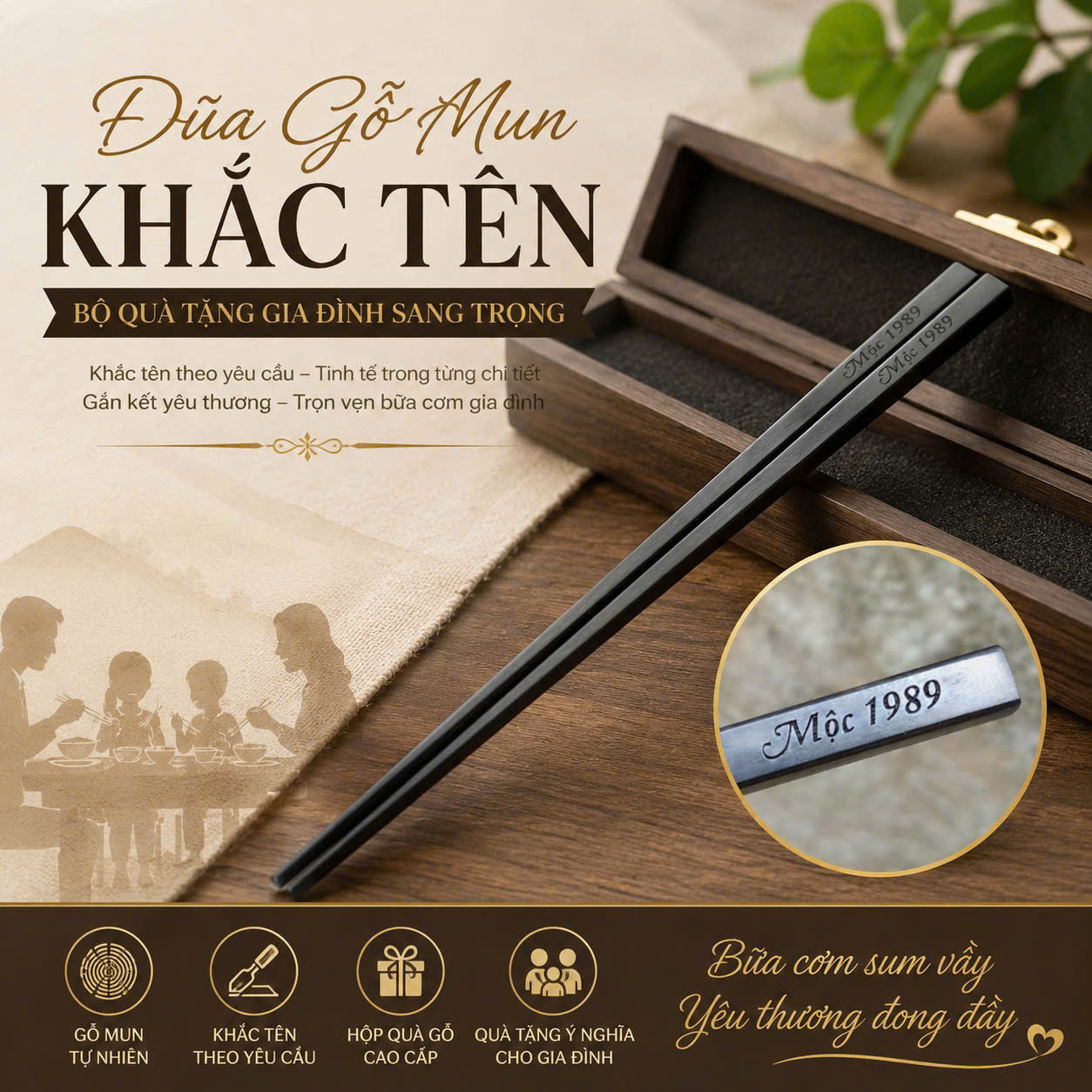 Đũa Gỗ Mun Sừng Premium Khắc Tên
