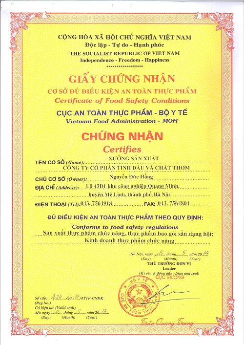 Chứng nhận đủ tiêu chuẩn vệ sinh an toàn thực phẩm