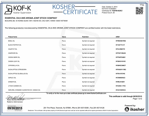 Chứng nhận đạt tiêu chuẩn KOSHER (KOF-K)- USA