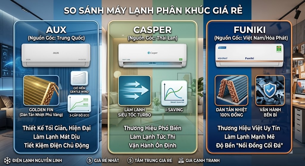 So sánh máy lạnh AUX và máy lạnh Casper/Funiki: Chọn dòng điều hòa phân khúc giá rẻ nào?