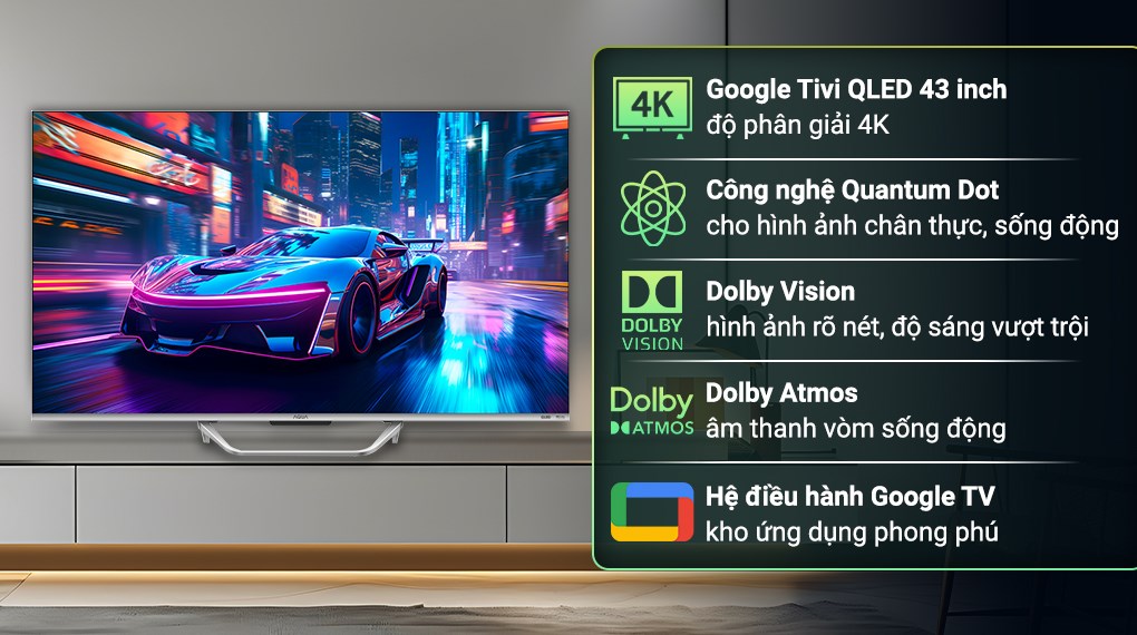 Google Tivi QLED Aqua 4K 43 inch AQT43S800UX