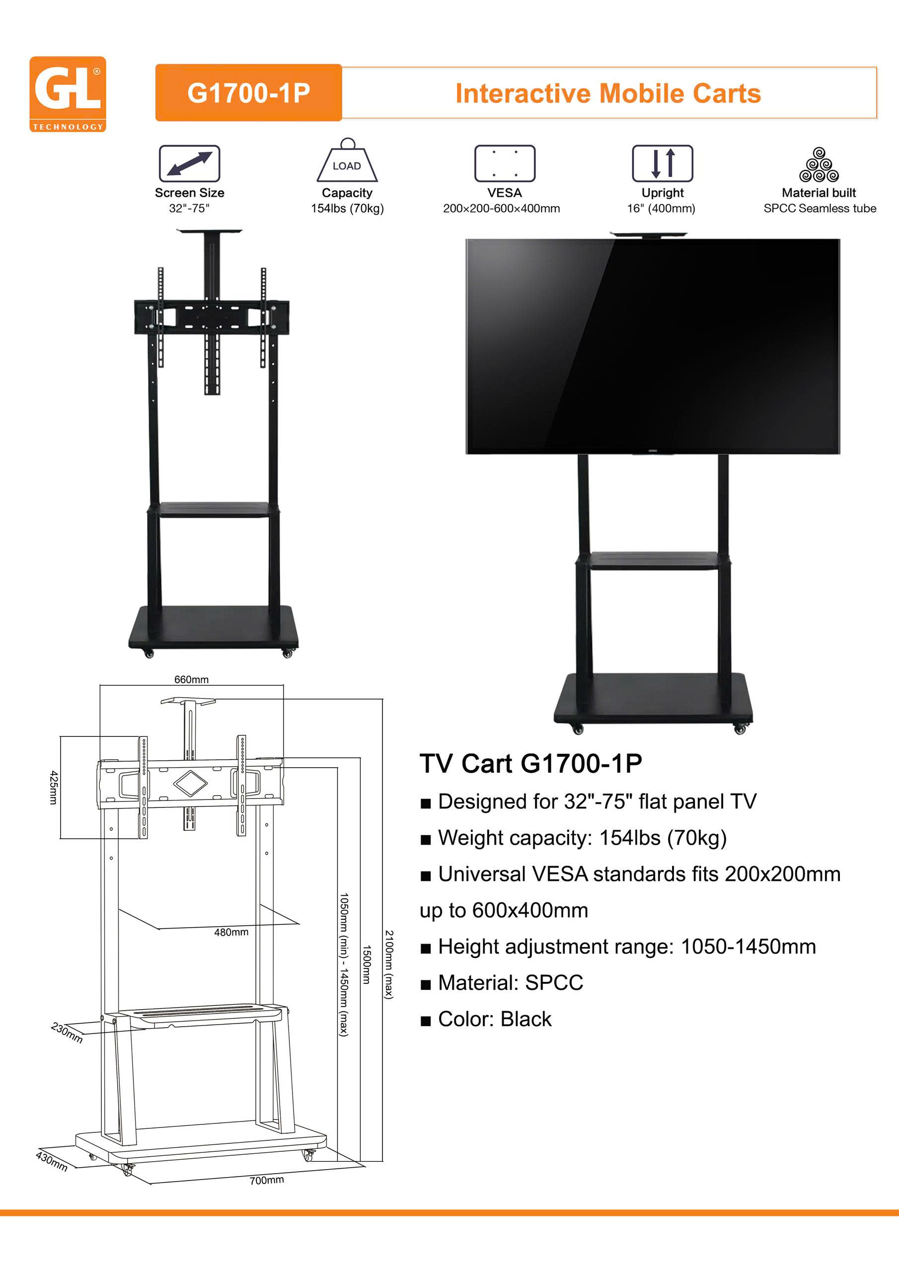 Khung treo tivi di dộng GL G1700-1P tải tivi (32"-75")