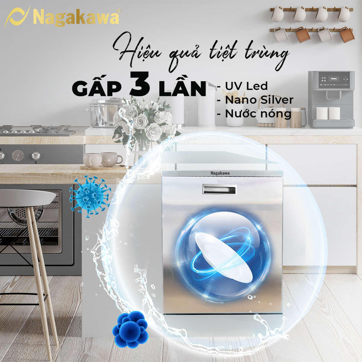 Máy rửa chén 15 bộ cao cấp Nagakawa NK15D06M - Diệt khuẩn UV Led, Nano Silver