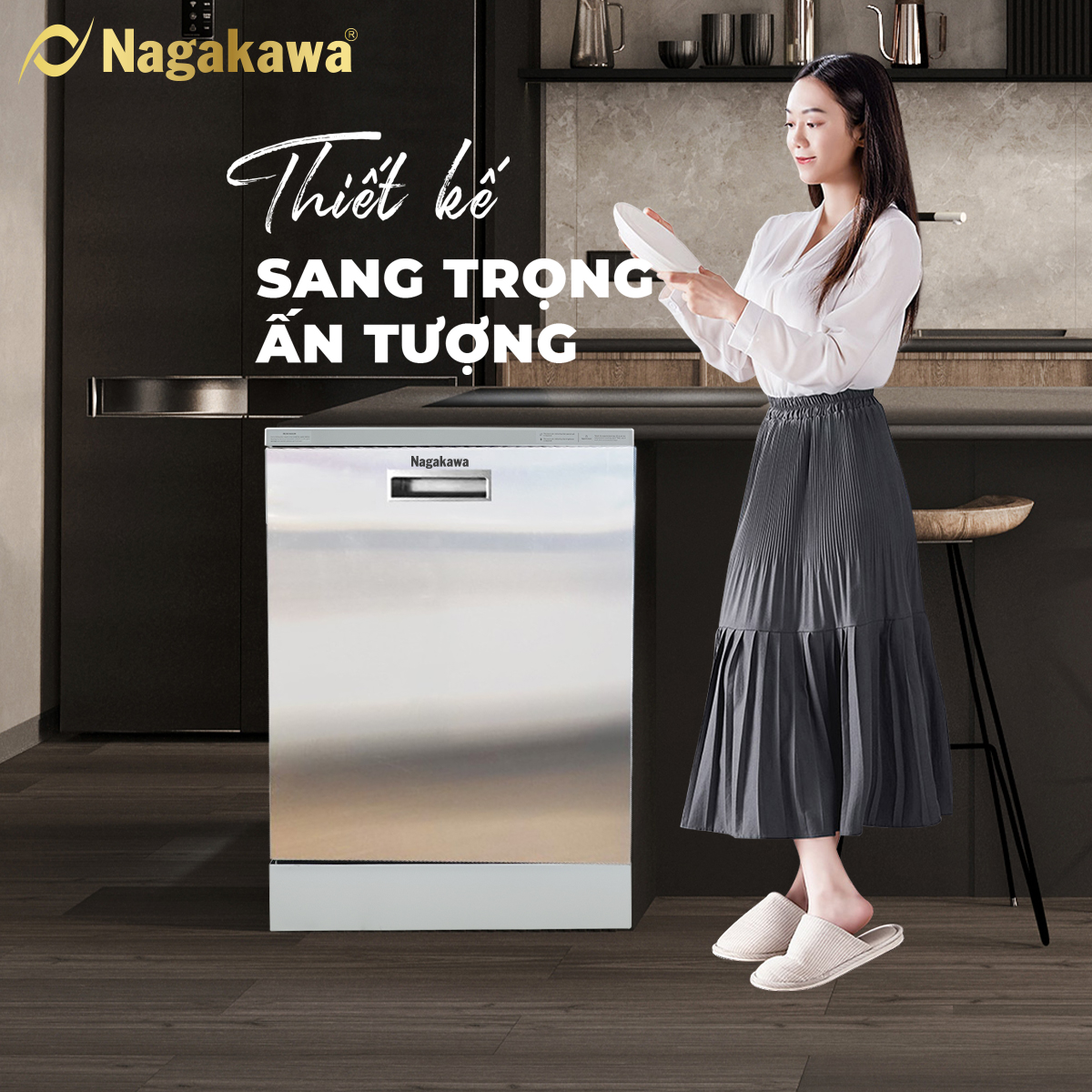 Máy rửa chén 15 bộ cao cấp Nagakawa NK15D06M - Diệt khuẩn UV Led, Nano Silver