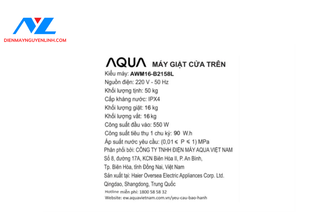 Máy giặt Aqua Inverter 16 kg AWM16-B2158L(B)